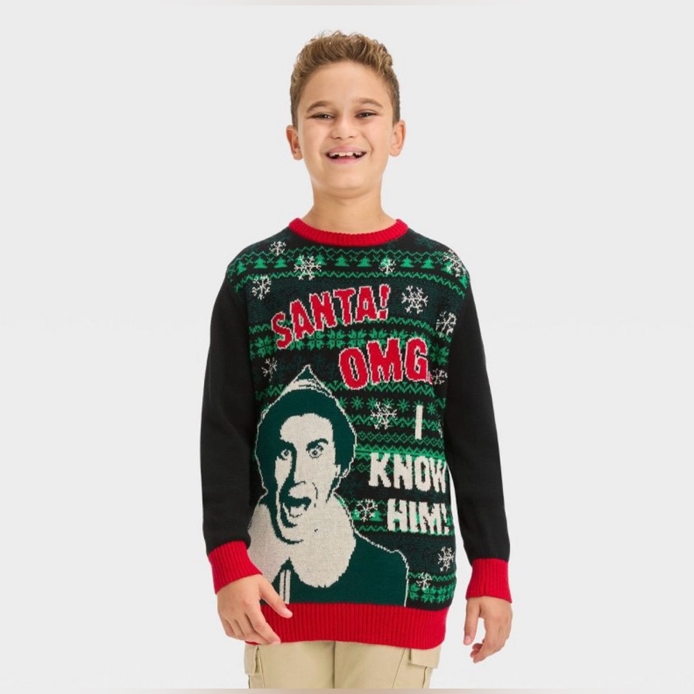 🆕 Elf 'Santa! OMG I Know Him!' Boys Holiday Christmas Sweater Size Small